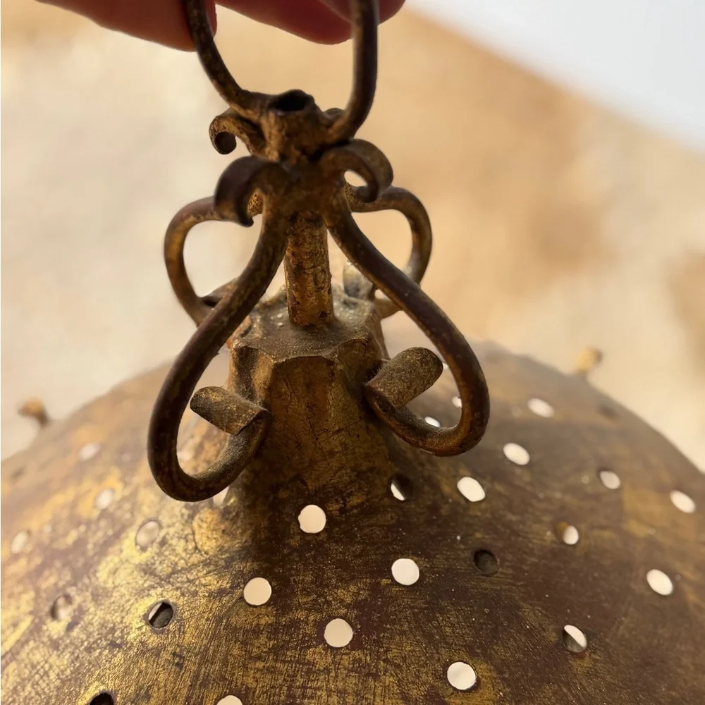 Vintage antique Italian gilded brass metal glass Gold Hanging Lantern fixture